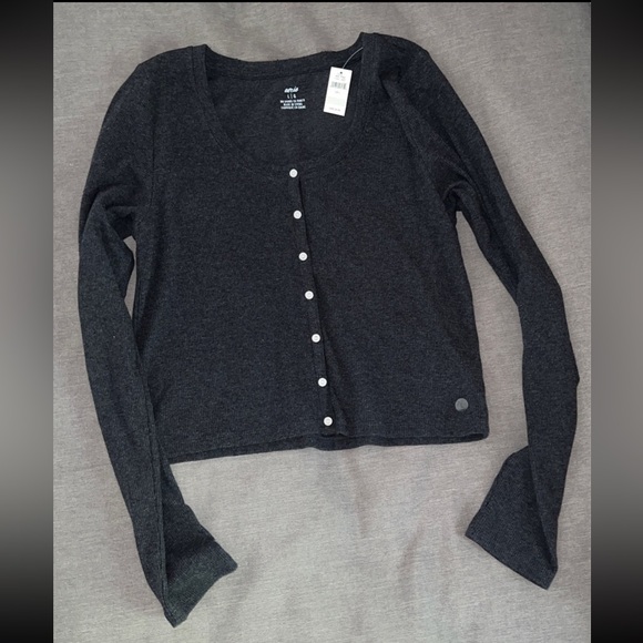Aerie long sleeve charcoal gray button front ribbed top … size Large new with - Picture 1 of 4